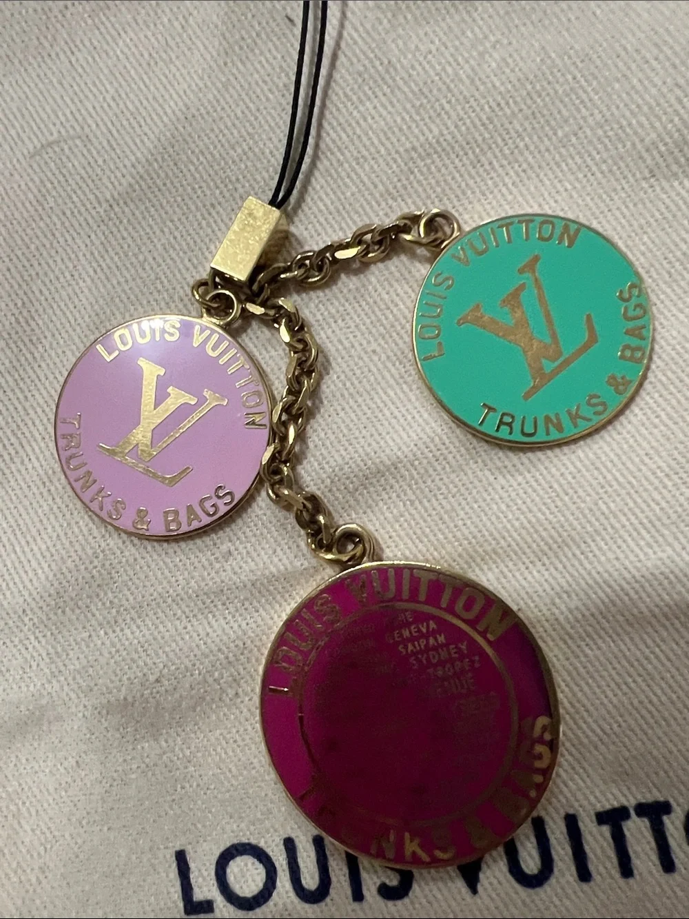 Louis Vuitton Gold-Tone Charm Trio with Pink, Mint and Purple Enamel